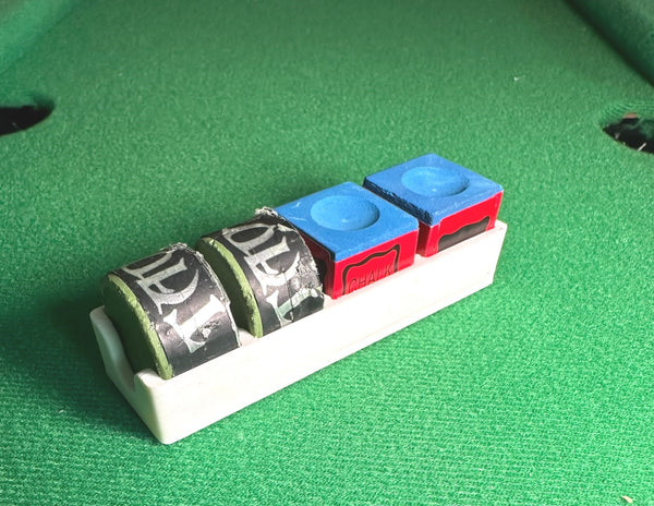 2 Taom & 2 Triangle chalk organiser loaded with chalk on snooker table